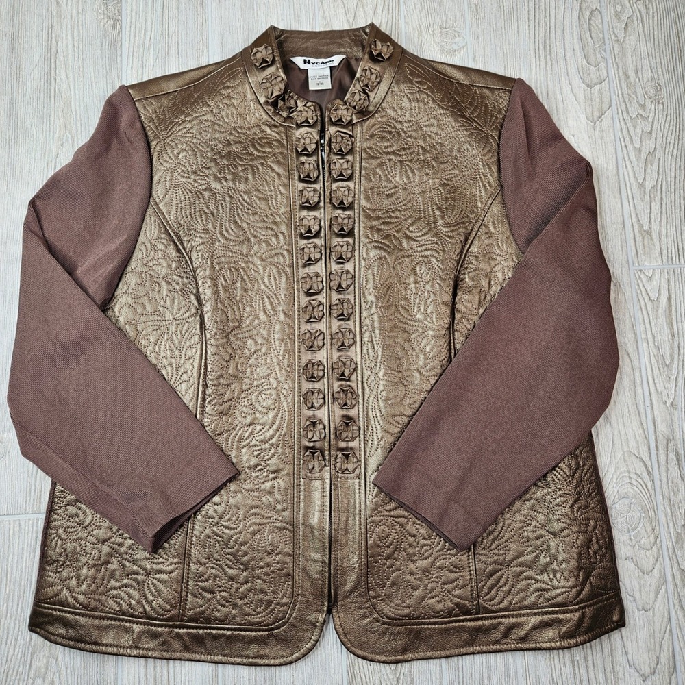 Nygard Collection Womens Bronze Leather Quilted Jacket‎ Floral Trim Size XL